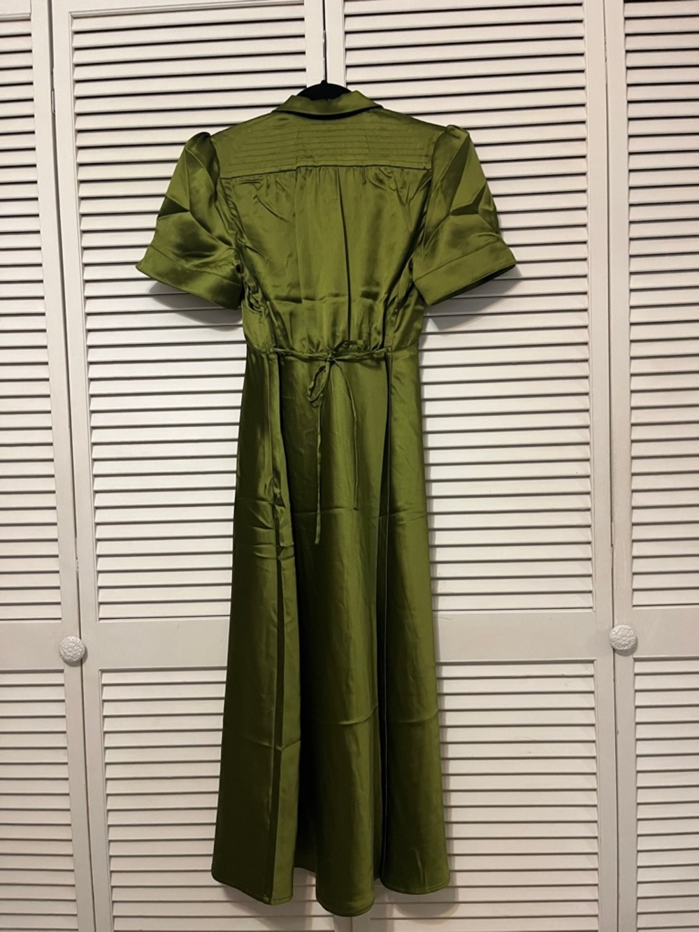 Tuckernuck Olive Satin Midi Dress with Puff Sleeves - Picture 3 of 7